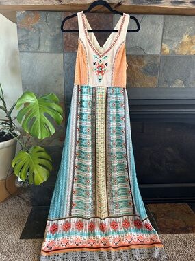 Flying Tomato Peach & Turquoise Embroidered Maxi Dress